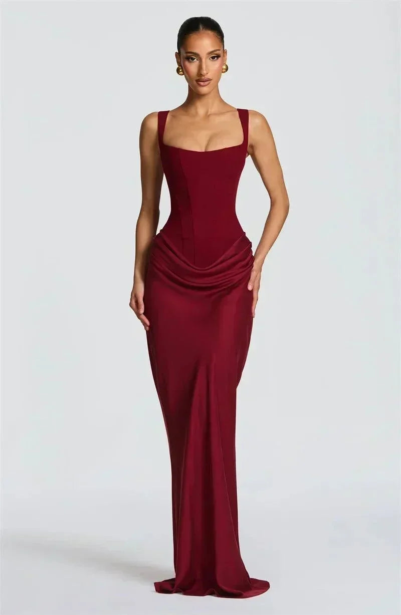Vestido maxi elegante feminino sem costas, colar quadrado e design justo para festas e clubes