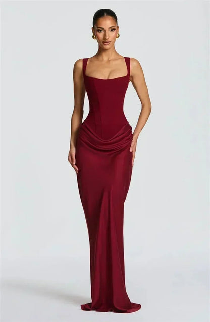 Vestido maxi elegante feminino sem costas, colar quadrado e design justo para festas e clubes