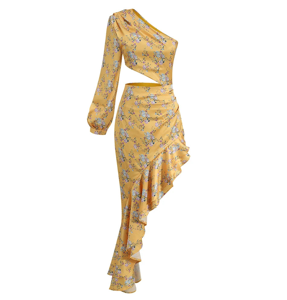 Vestido Longo Estampado de Um Ombro Só com Babados Elegante