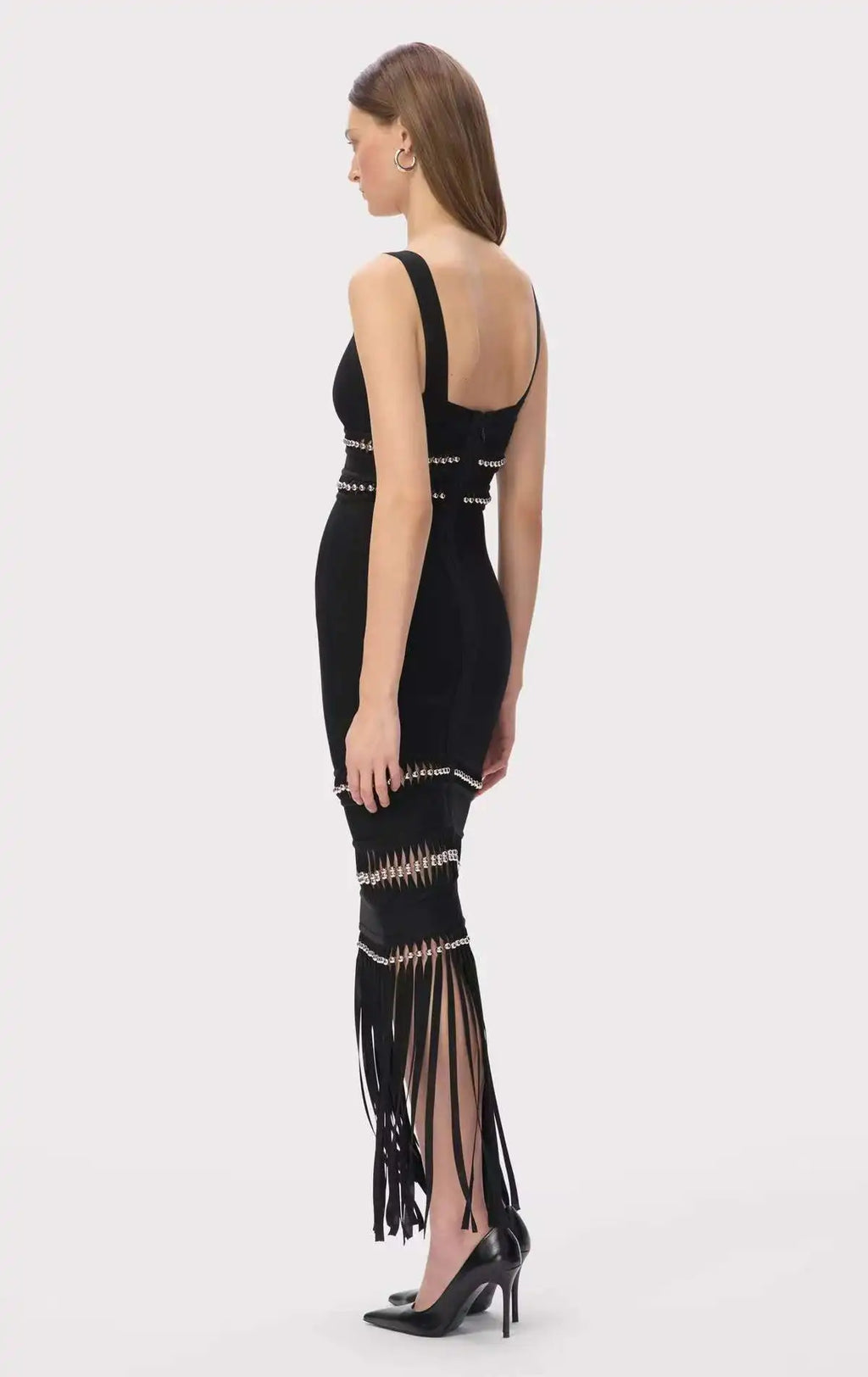 Vestido Bandagem Justo Sem Mangas com Franjas Elegante