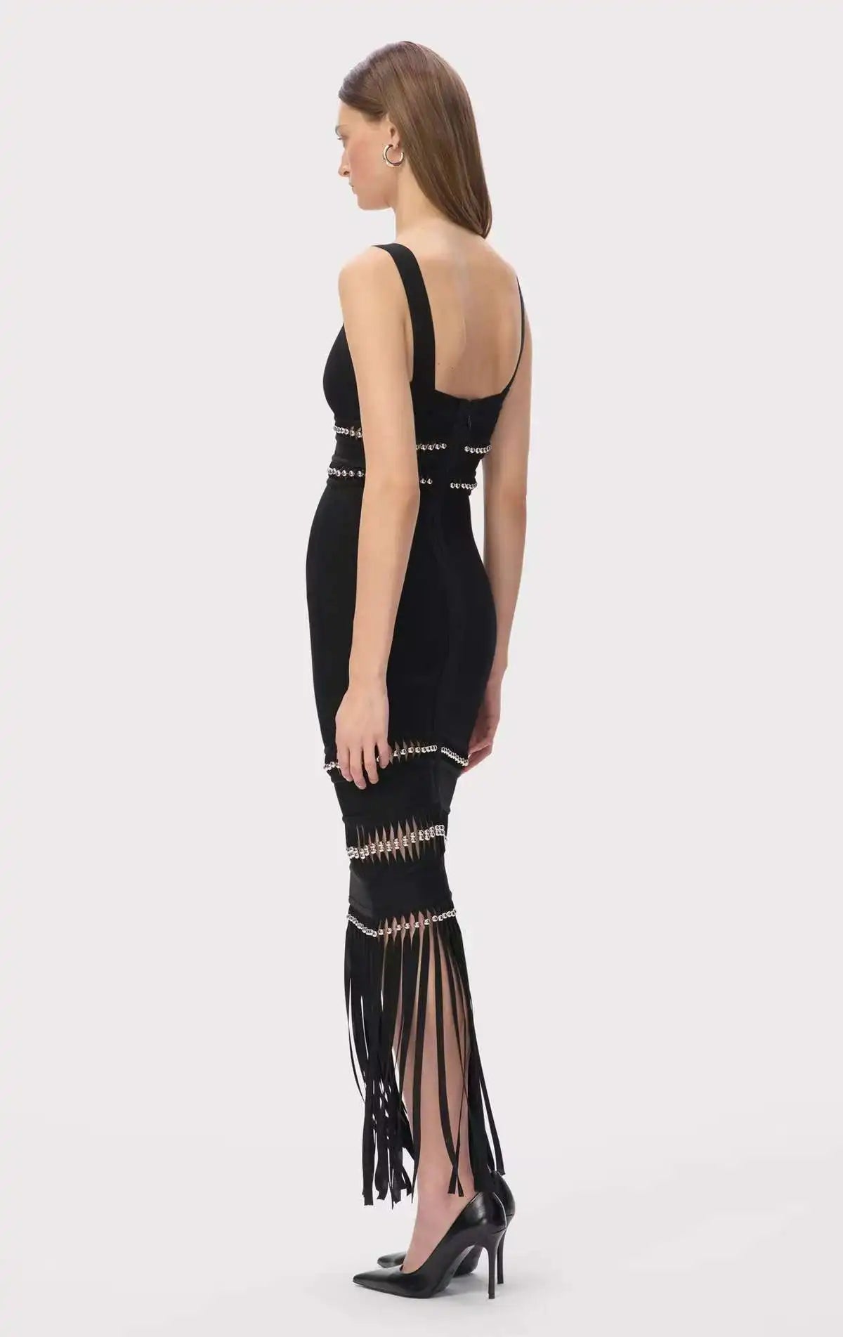 Vestido Bandagem Justo Sem Mangas com Franjas Elegante