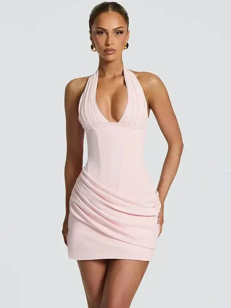Vestido mini justo preto Halter com decote profundo em V e cintura franzida elegante para festa