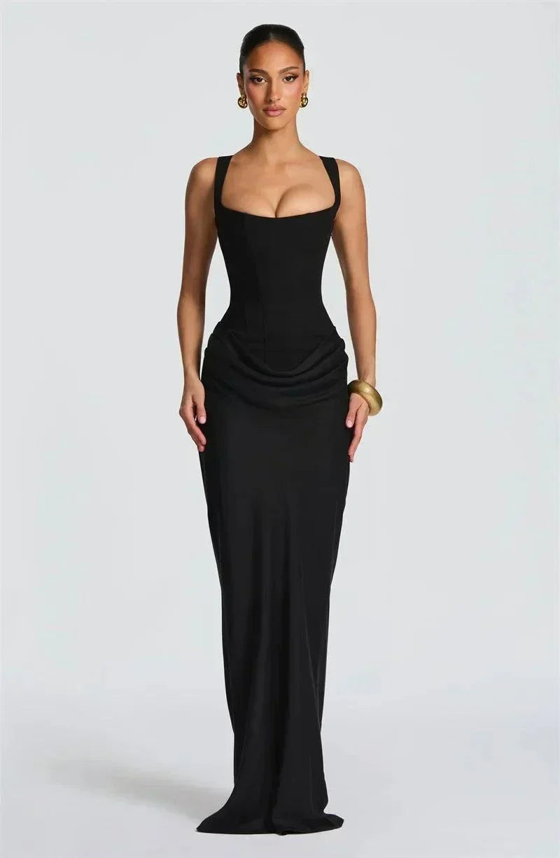 Vestido maxi elegante sem costas com gola quadrada e design justo para festas