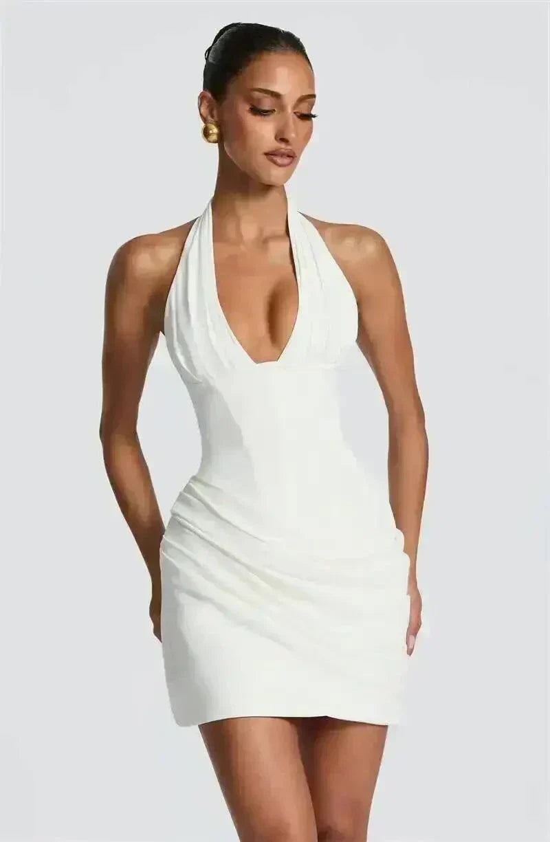 Vestido mini bodycon sem mangas com decote profundo em V e cintura franzida para festas