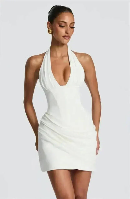 Vestido mini bodycon sem mangas com decote profundo em V e cintura franzida para festas