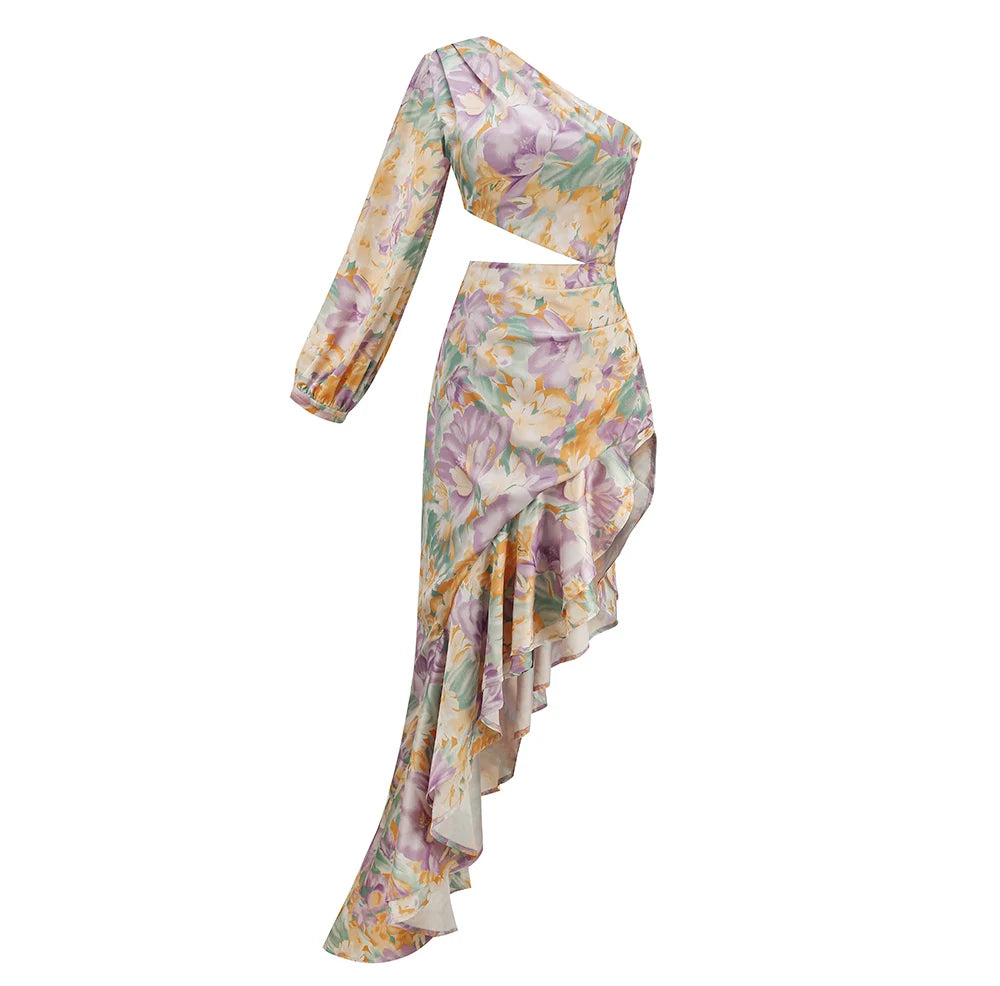 Vestido Longo Estampado de Um Ombro Só com Babados Elegante