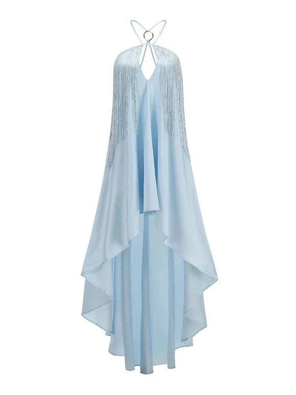Vestido longo cetim azul claro frente única com franjas e bainha mullet