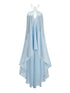 Vestido longo cetim azul claro frente única com franjas e bainha mullet