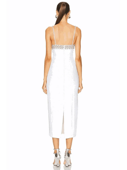 Vestido midi branco em lantejoulas com bustier de cristais e alças finas