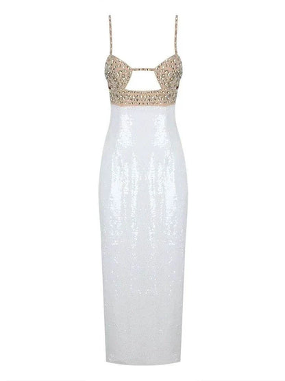 Vestido midi branco em lantejoulas com bustier de cristais e alças finas