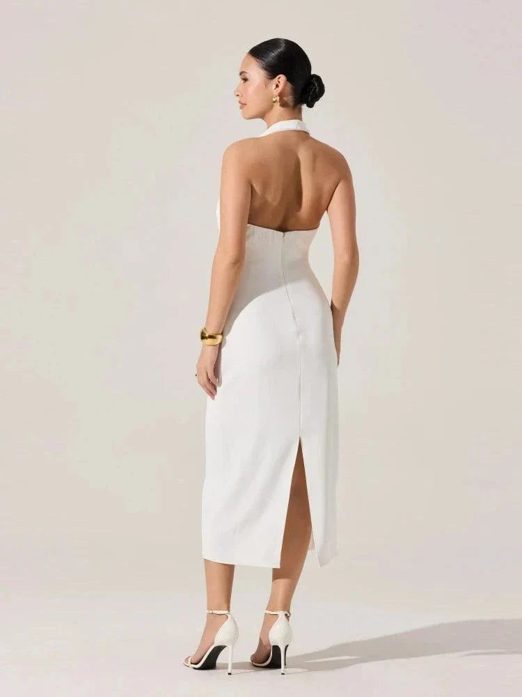 Vestido midi frente única com decote degagê e aplicação metálica dourada