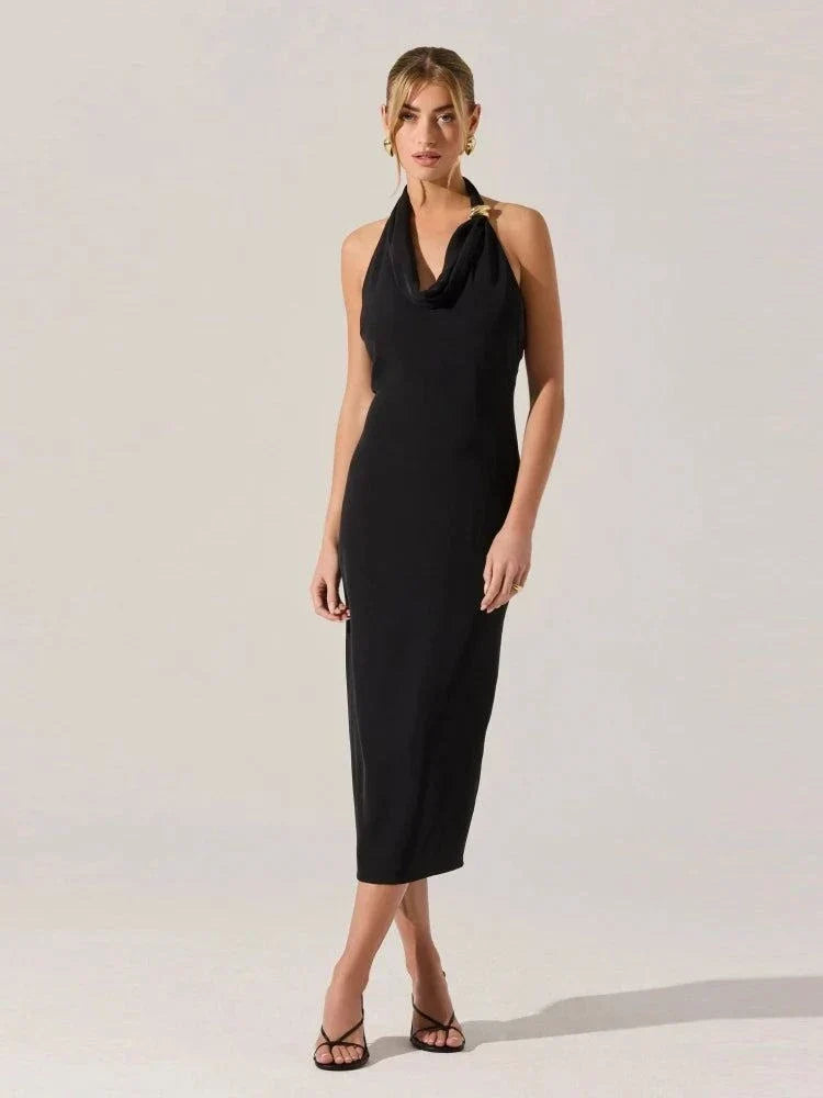 Vestido midi frente única com decote degagê e aplicação metálica dourada