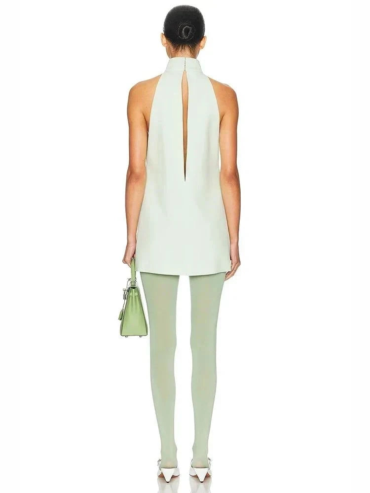 vestido mini solto a-line gola alta bolsos abertura costas elegante
