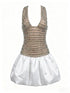 Vestido Mini com corpete em tule nude cravejado de cristais prateados e saia balão em cetim branco volumoso
