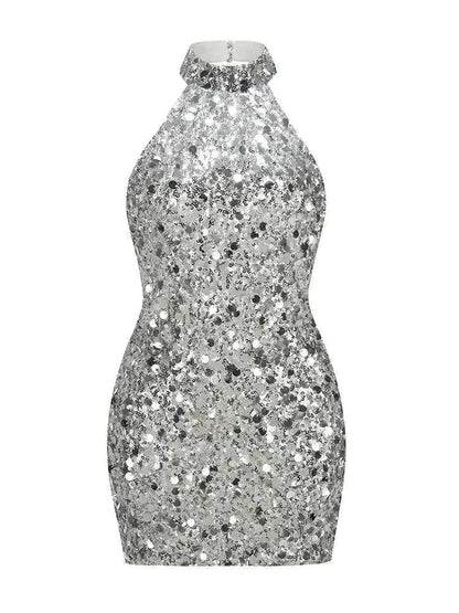 Vestido Mini Prata espelhado com corte justo, decote frente única e gola alta, coberto por paillettes brilhantes